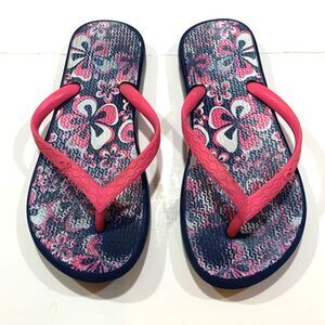 OP Girls Pink Navy Blue Floral Hibiscus FLIP FLOPS Hawaiian Vacation Size 11/12